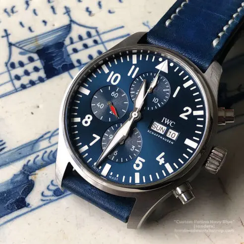 watch strap sanders custom patina navy blue light grey IWC Pilot